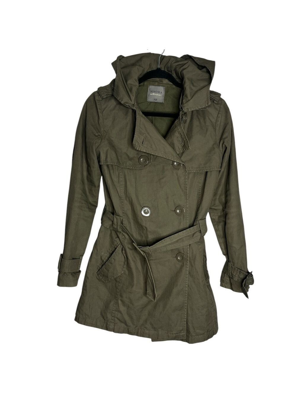 Bershka Double Breasted Hooded Belted Medium Length Trench Coat, size S